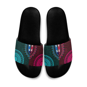 Teal-pink Dashiki and Tapa Pattern Slide Sandals Africa-Polynesia Together Culture