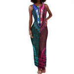Teal-pink Dashiki and Tapa Pattern Tank Maxi Dress Africa-Polynesia Together Culture