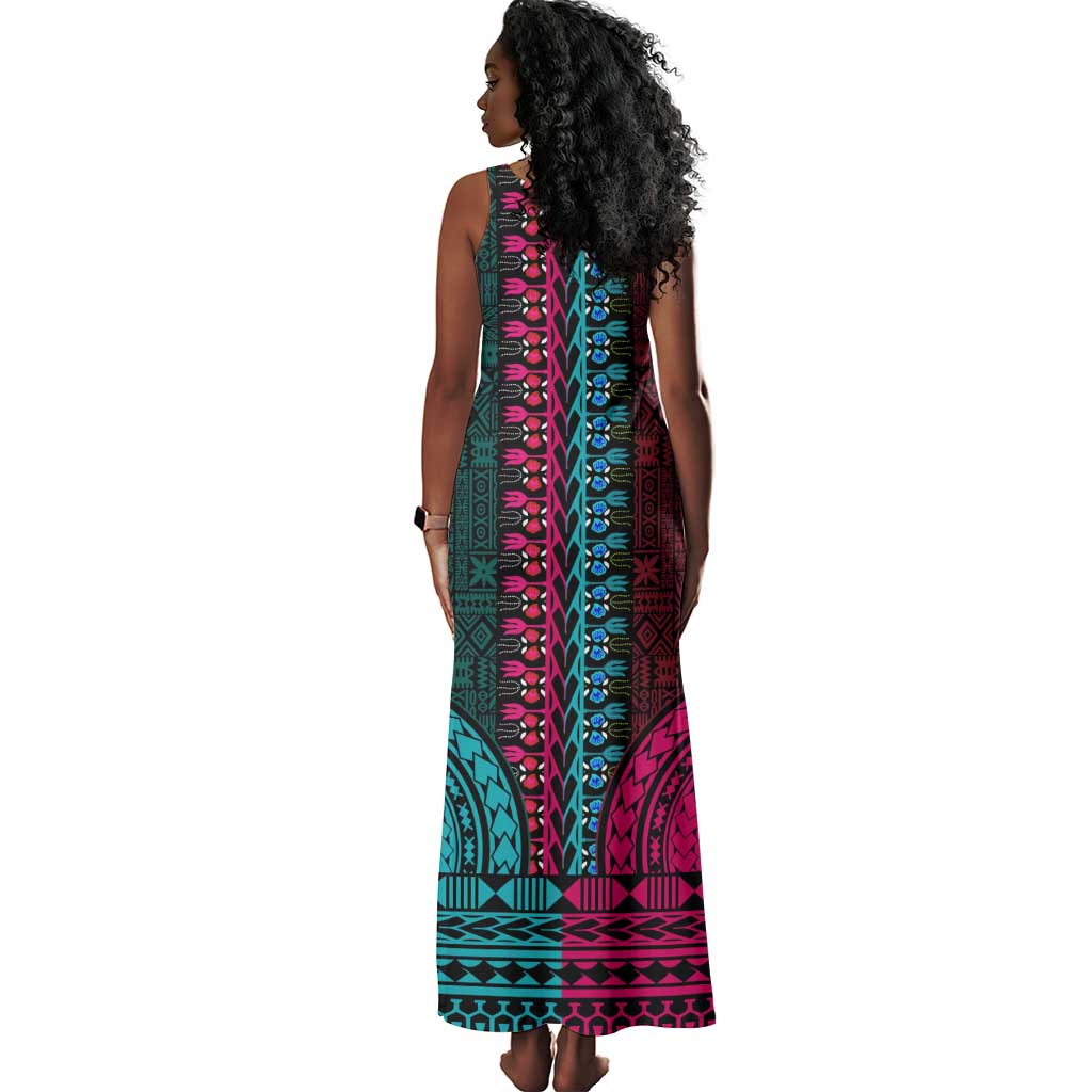 Teal-pink Dashiki and Tapa Pattern Tank Maxi Dress Africa-Polynesia Together Culture