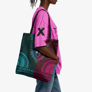 Teal-pink Dashiki and Tapa Pattern Tote Bag Africa-Polynesia Together Culture