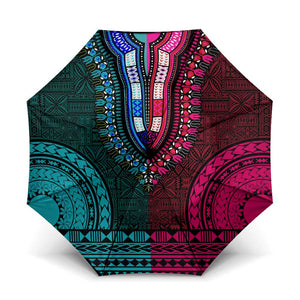 Teal-pink Dashiki and Tapa Pattern Umbrella Africa-Polynesia Together Culture