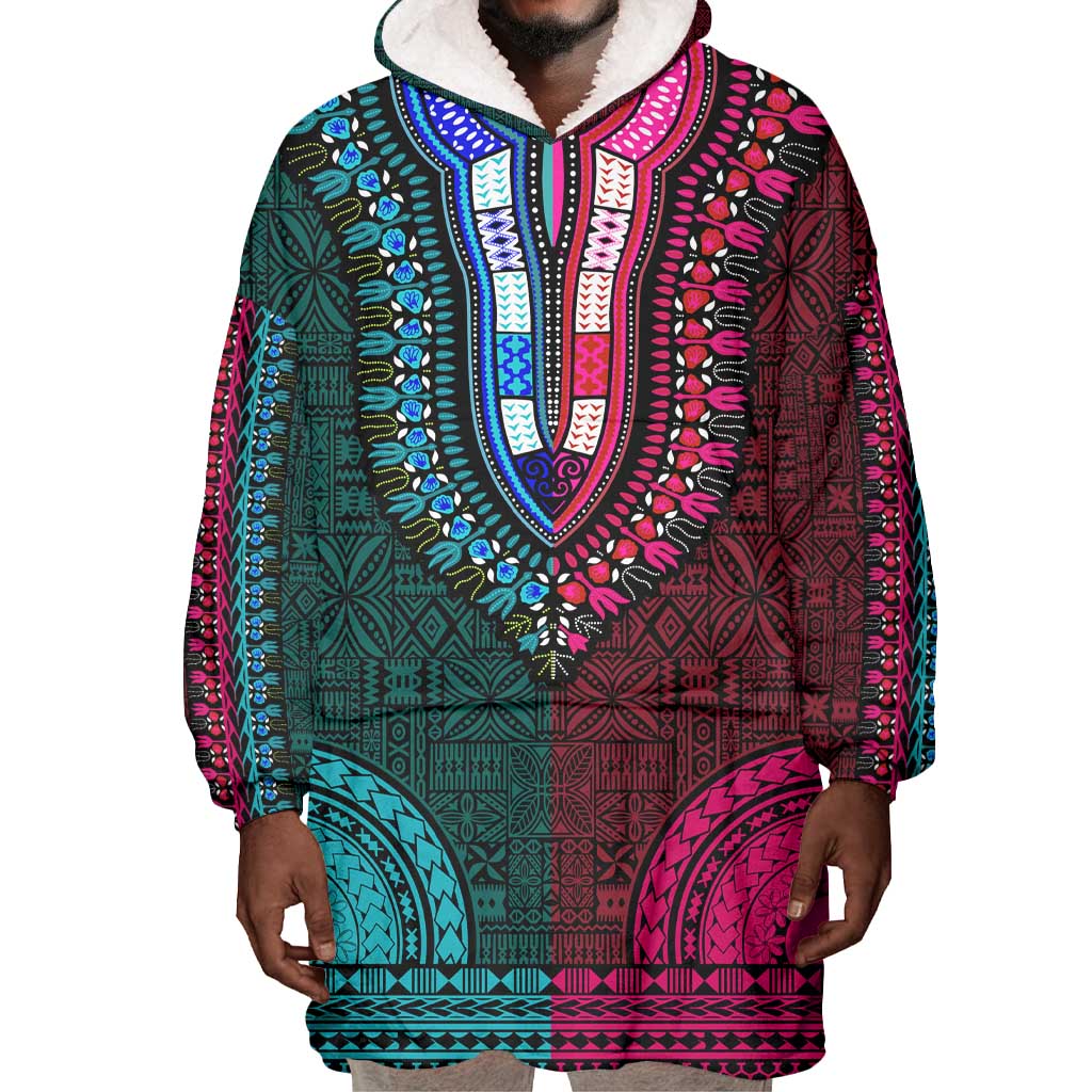 Teal-pink Dashiki and Tapa Pattern Wearable Blanket Hoodie Africa-Polynesia Together Culture