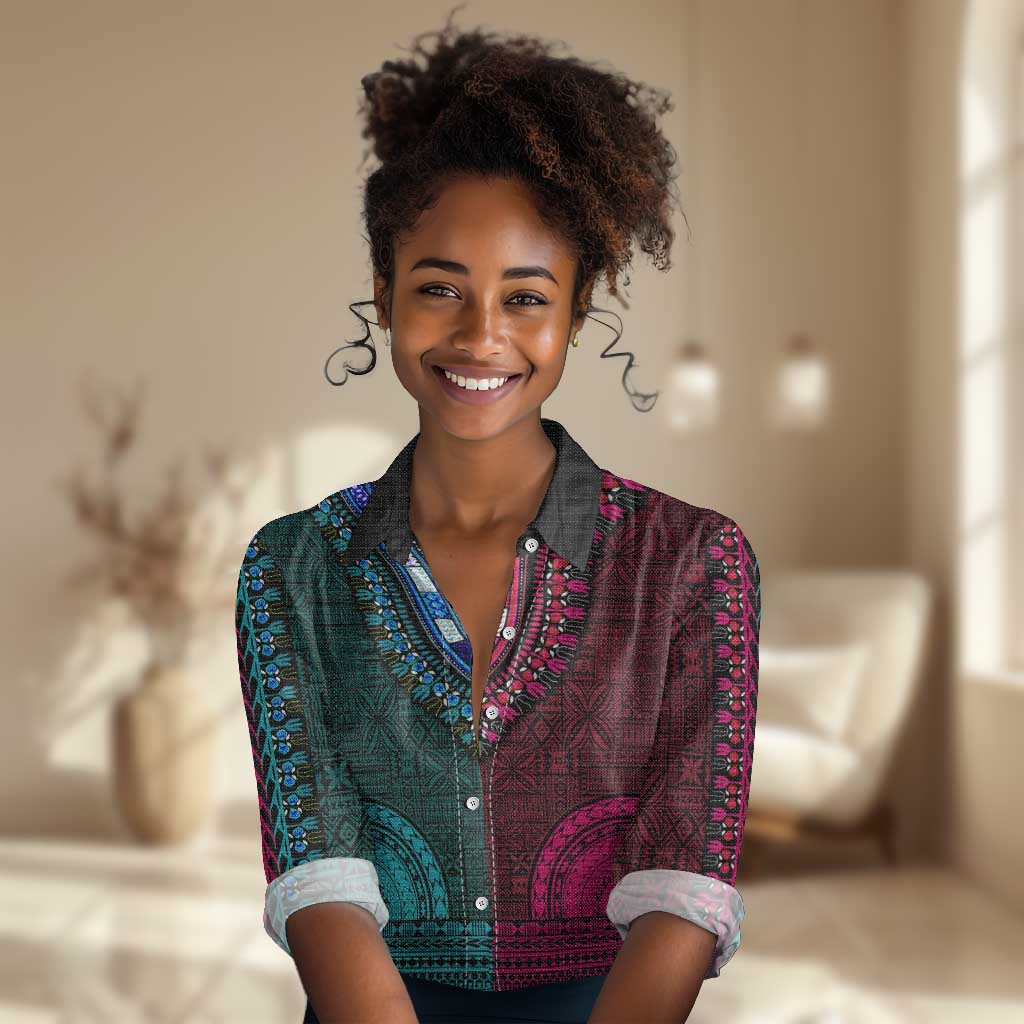 Teal-pink Dashiki and Tapa Pattern Women Casual Shirt Africa-Polynesia Together Culture LT9