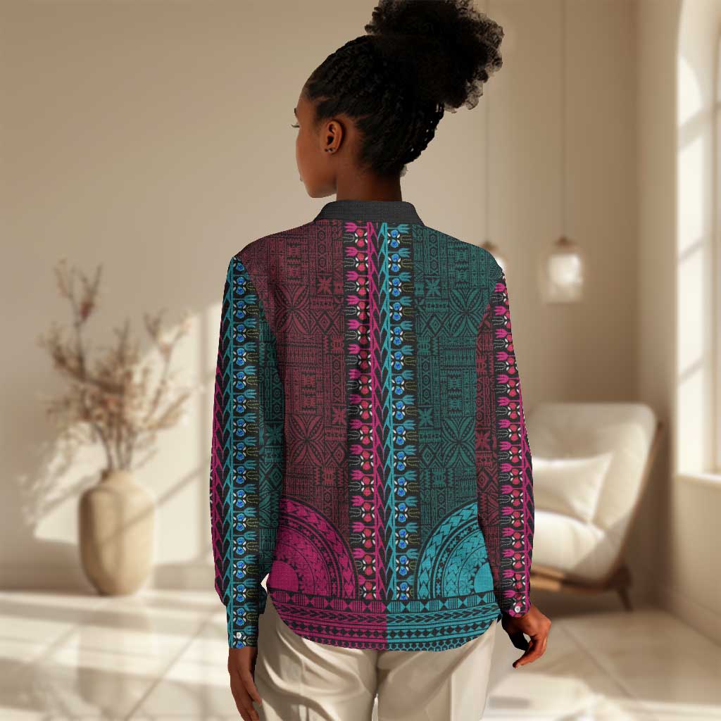 Teal-pink Dashiki and Tapa Pattern Women Casual Shirt Africa-Polynesia Together Culture LT9