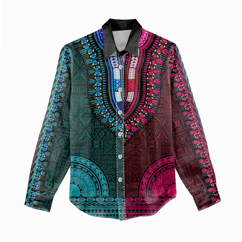 Teal-pink Dashiki and Tapa Pattern Women Casual Shirt Africa-Polynesia Together Culture LT9