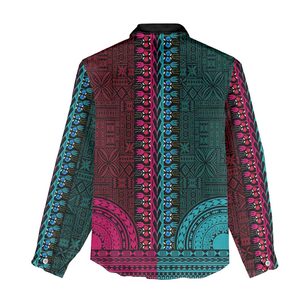 Teal-pink Dashiki and Tapa Pattern Women Casual Shirt Africa-Polynesia Together Culture LT9