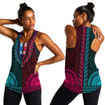 Teal-pink Dashiki and Tapa Pattern Women Racerback Tank Africa-Polynesia Together Culture
