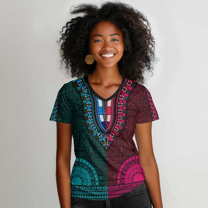 Teal-pink Dashiki and Tapa Pattern Women V-Neck T-Shirt Africa-Polynesia Together Culture