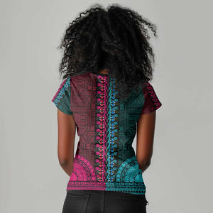 Teal-pink Dashiki and Tapa Pattern Women V-Neck T-Shirt Africa-Polynesia Together Culture