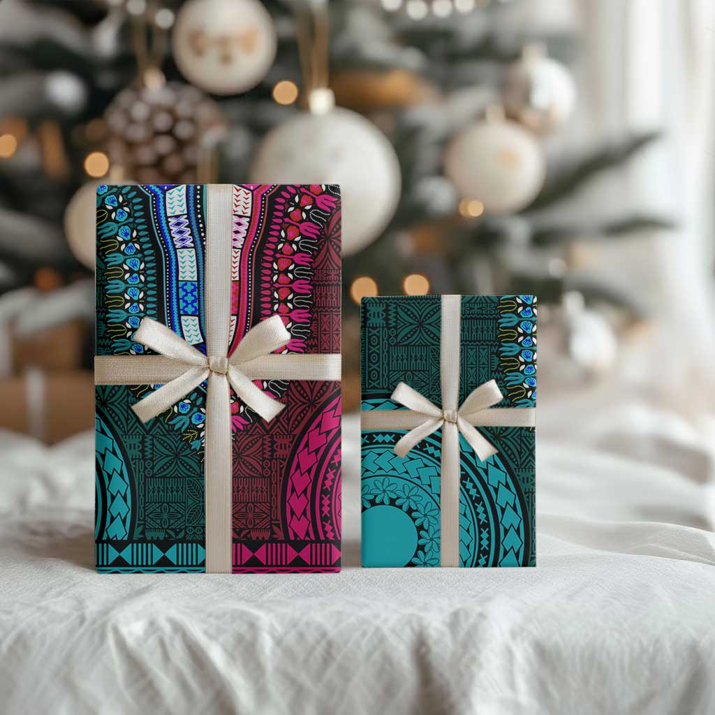 Teal-pink Dashiki and Tapa Pattern Wrapping Paper Africa and Polynesia Together Culture - African Pride