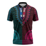 Teal-pink Dashiki and Tapa Pattern Zipper Polo Shirt Africa-Polynesia Together Culture