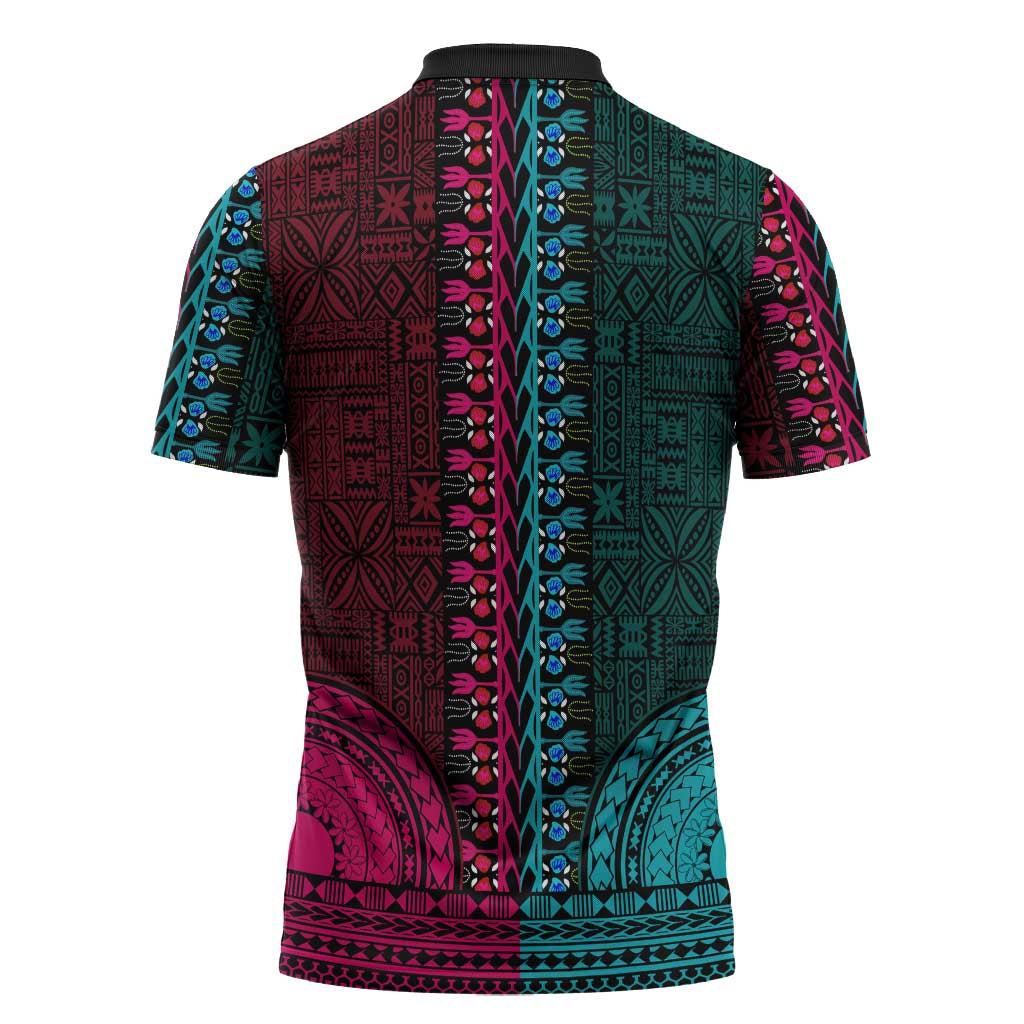 Teal-pink Dashiki and Tapa Pattern Zipper Polo Shirt Africa-Polynesia Together Culture