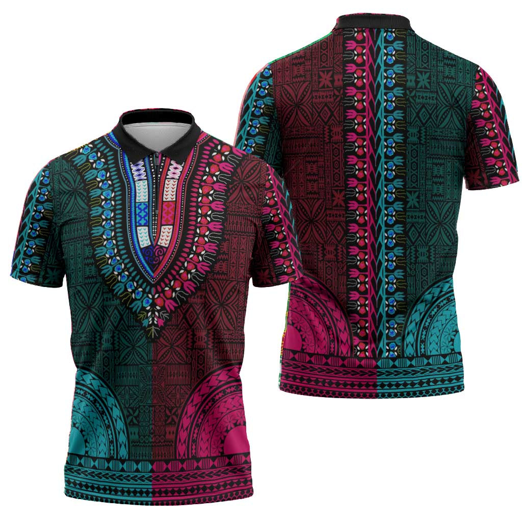 Teal-pink Dashiki and Tapa Pattern Zipper Polo Shirt Africa-Polynesia Together Culture