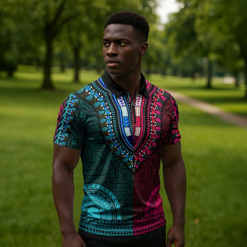 Teal-pink Dashiki and Tapa Pattern Zipper Polo Shirt Africa-Polynesia Together Culture