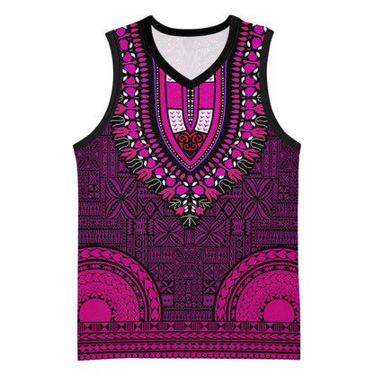 Pink Dashiki and Tapa Pattern Basketball Jersey Africa-Polynesia Together Culture - African Pride