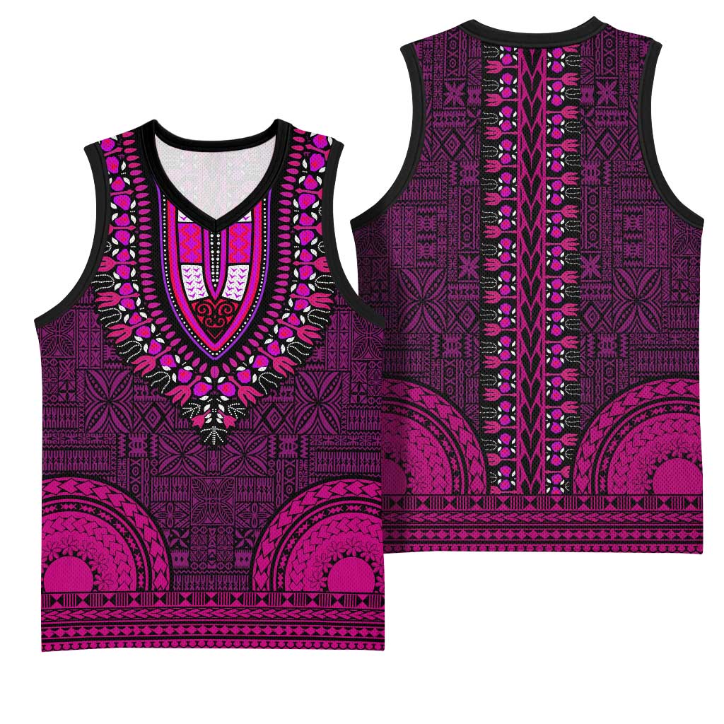 Pink Dashiki and Tapa Pattern Basketball Jersey Africa-Polynesia Together Culture - African Pride