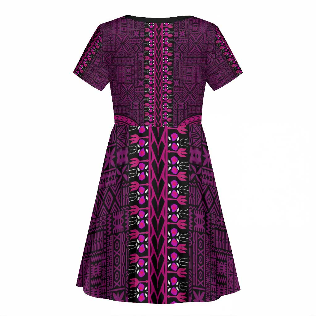 Pink Dashiki and Tapa Pattern Kid Short Sleeve Dress Africa-Polynesia Together Culture