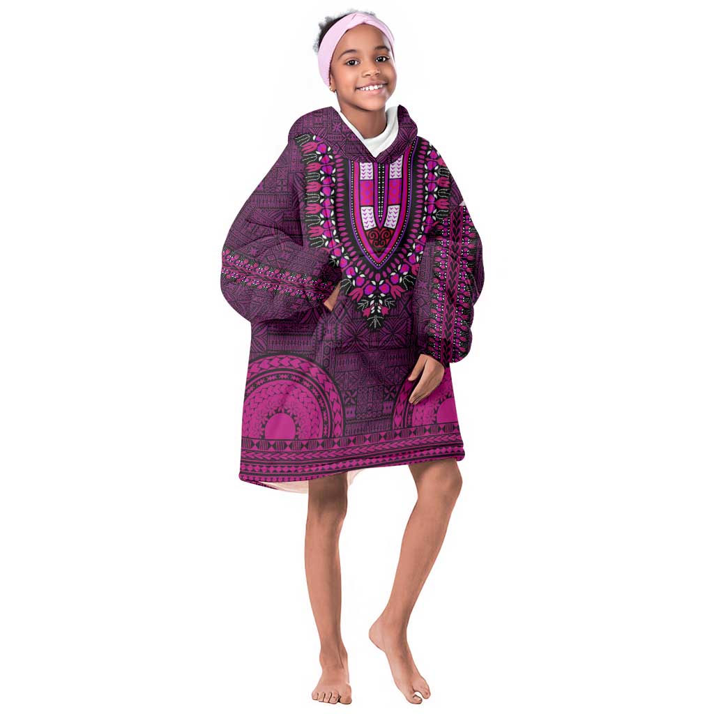 Pink Dashiki and Tapa Pattern Kid Wearable Blanket Hoodie Africa-Polynesia Together Culture