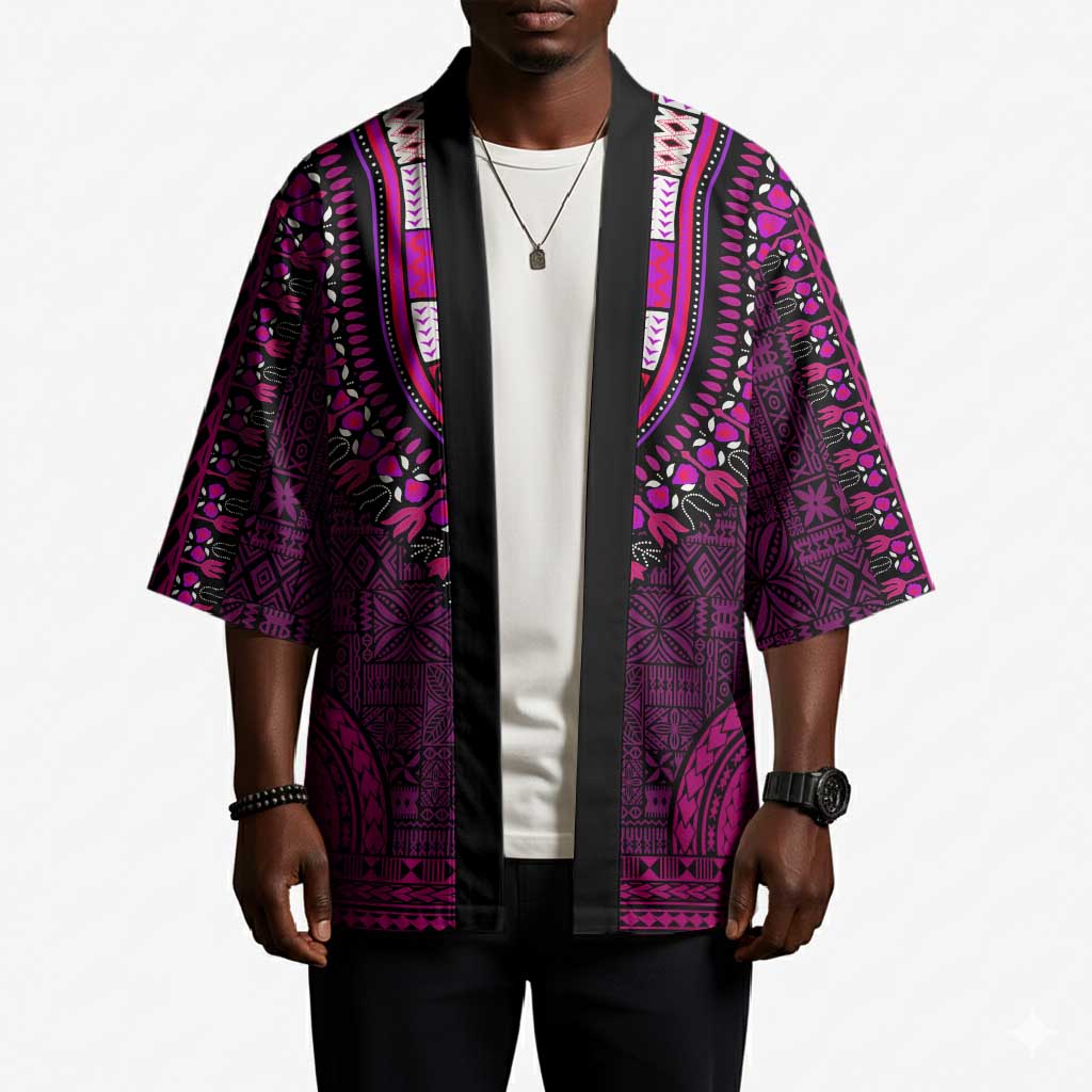 Pink Dashiki and Tapa Pattern Kimono Africa-Polynesia Together Culture