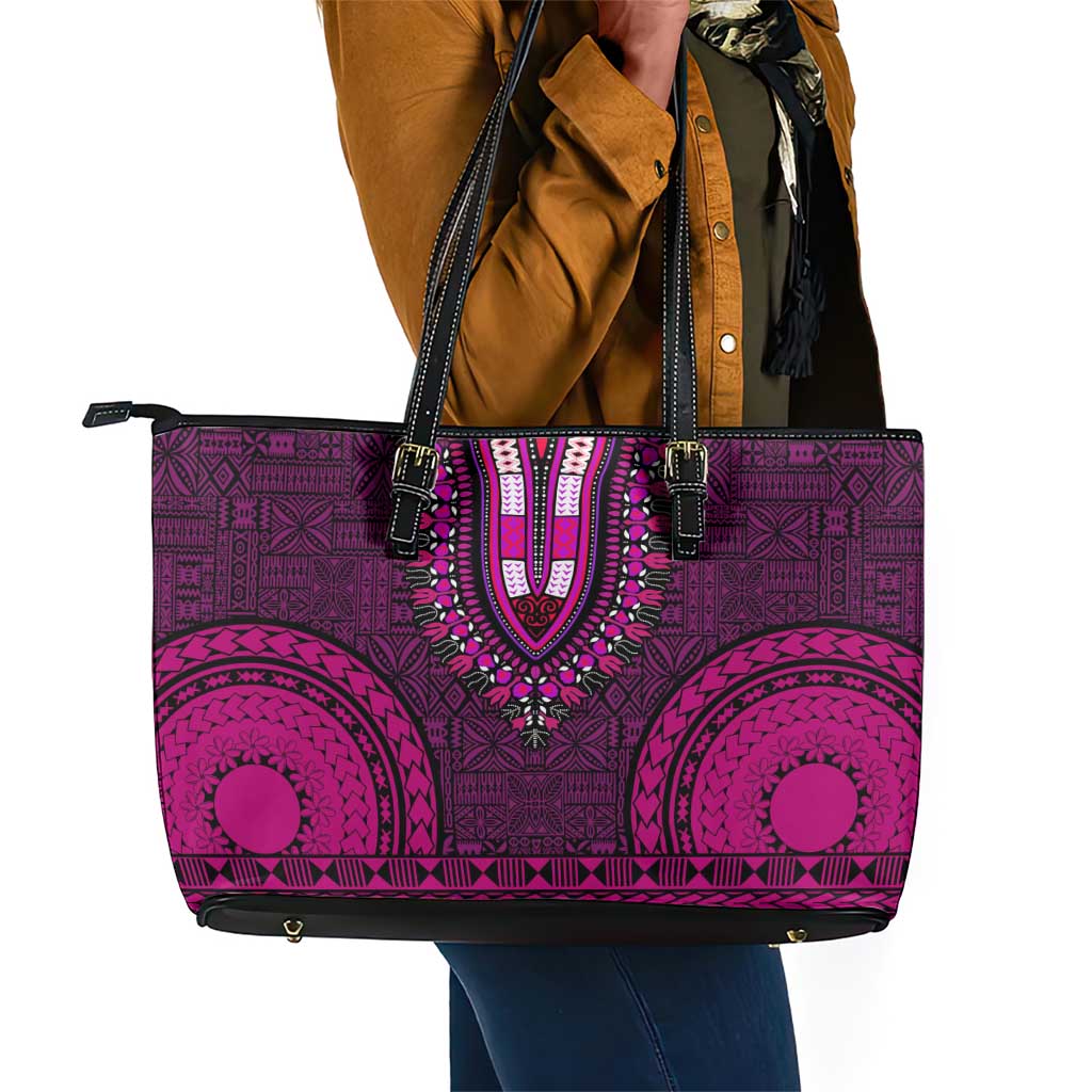 Pink Dashiki and Tapa Pattern Leather Tote Bag Africa-Polynesia Together Culture