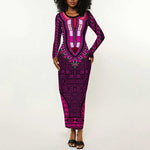 Pink Dashiki and Tapa Pattern Long Sleeve Bodycon Dress Africa-Polynesia Together Culture LT9