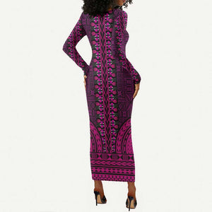 Pink Dashiki and Tapa Pattern Long Sleeve Bodycon Dress Africa-Polynesia Together Culture LT9