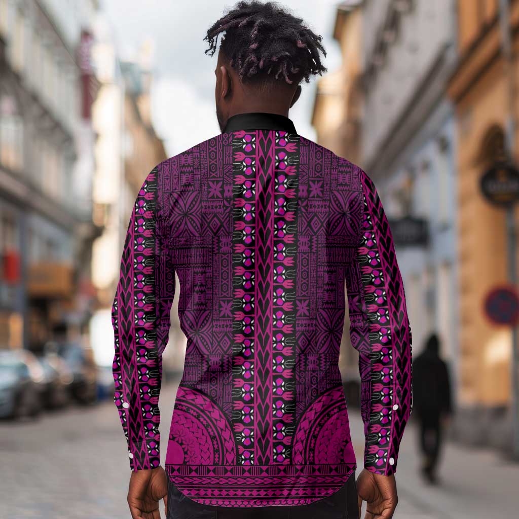 Pink Dashiki and Tapa Pattern Long Sleeve Button Shirt Africa-Polynesia Together Culture
