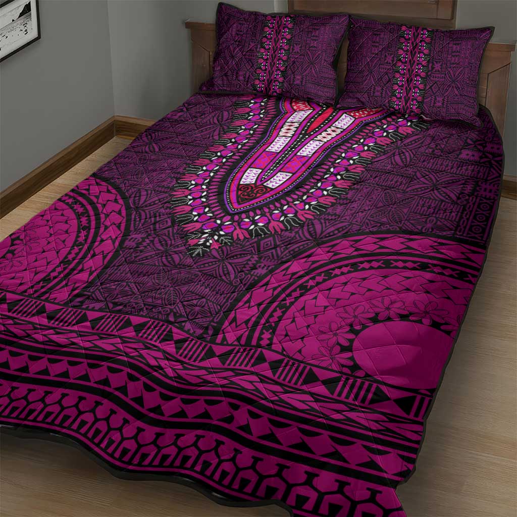 Pink Dashiki and Tapa Pattern Quilt Bed Set Africa-Polynesia Together Culture