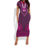 Pink Dashiki and Tapa Pattern Short Sleeve Bodycon Dress Africa-Polynesia Together Culture LT9