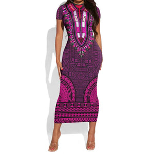 Pink Dashiki and Tapa Pattern Short Sleeve Bodycon Dress Africa-Polynesia Together Culture LT9