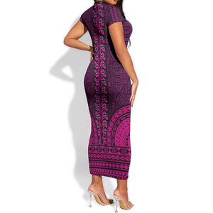 Pink Dashiki and Tapa Pattern Short Sleeve Bodycon Dress Africa-Polynesia Together Culture LT9
