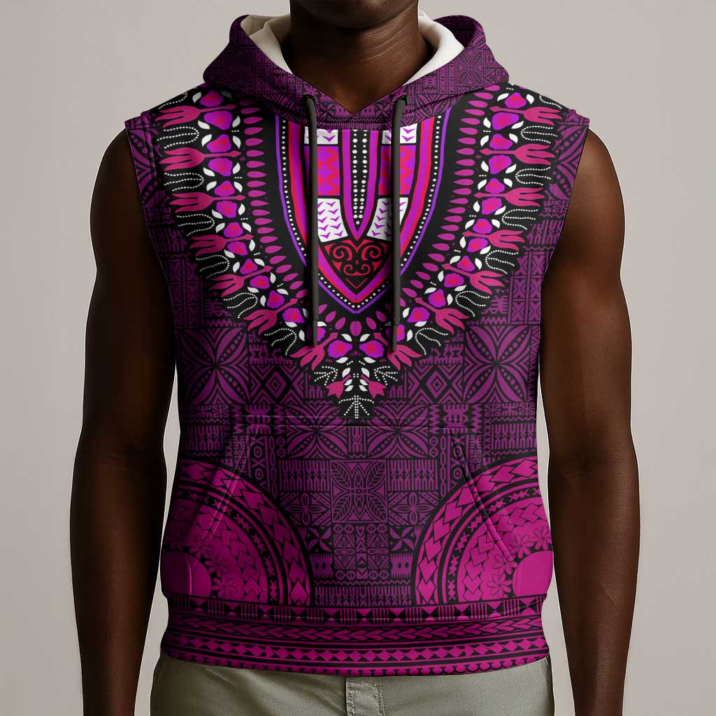 Pink Dashiki and Tapa Pattern Sleeveless Hoodie Africa-Polynesia Together Culture - African Pride