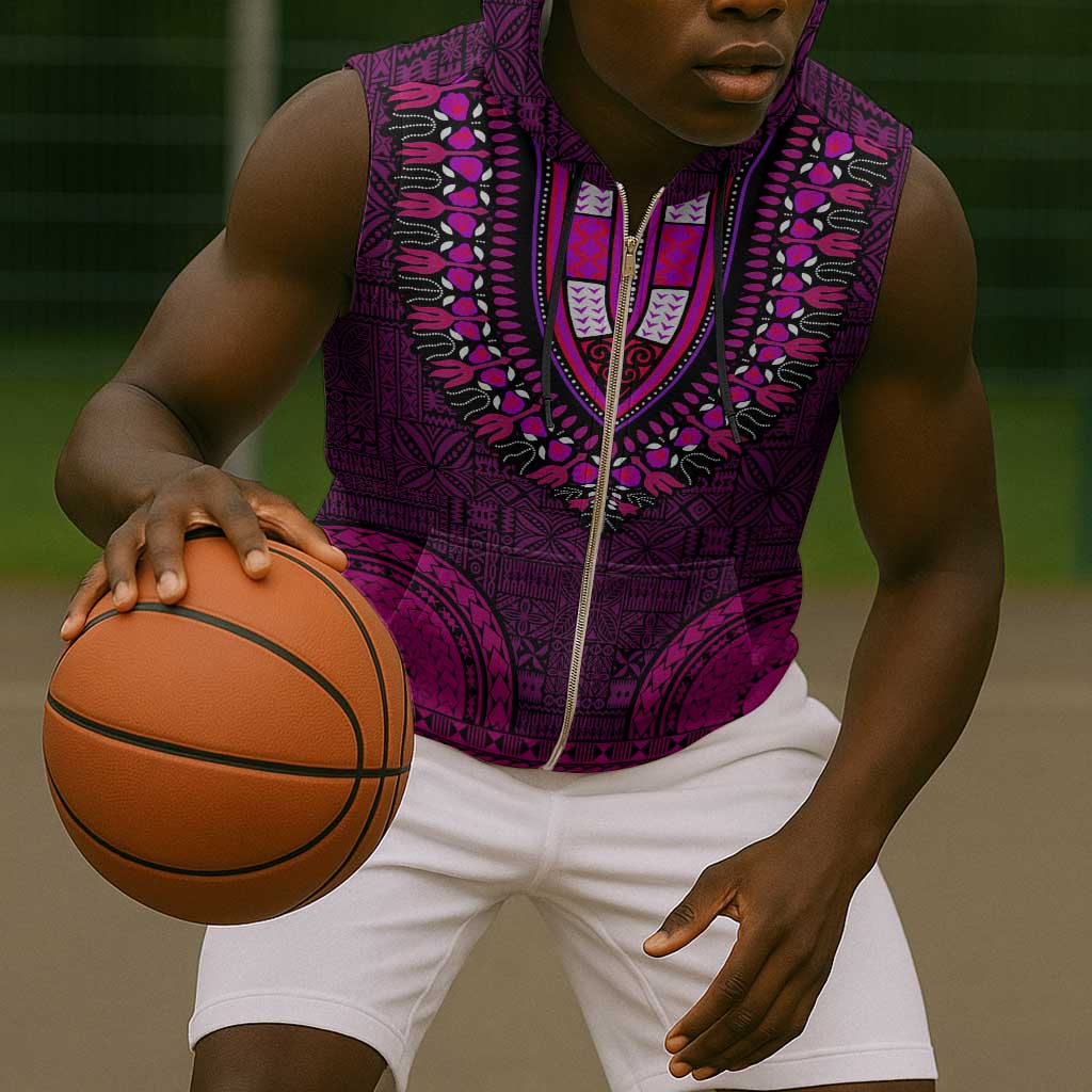 Pink Dashiki and Tapa Pattern Sleeveless Zip Hoodie Africa-Polynesia Together Culture - African Pride