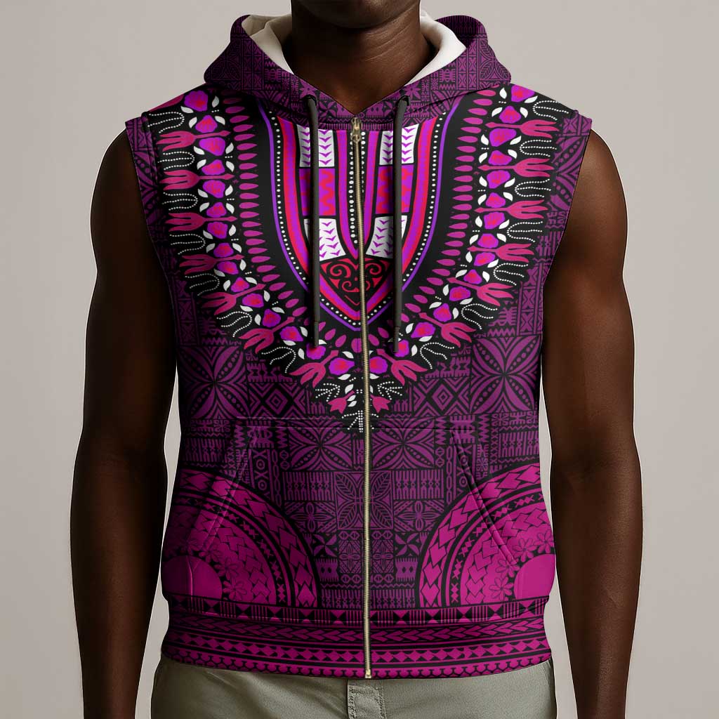 Pink Dashiki and Tapa Pattern Sleeveless Zip Hoodie Africa-Polynesia Together Culture - African Pride