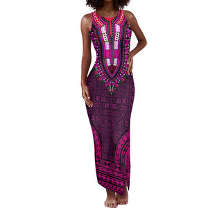 Pink Dashiki and Tapa Pattern Tank Maxi Dress Africa-Polynesia Together Culture