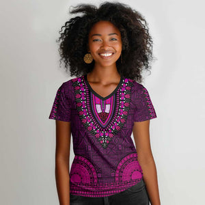 Pink Dashiki and Tapa Pattern Women V-Neck T-Shirt Africa-Polynesia Together Culture