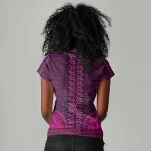 Pink Dashiki and Tapa Pattern Women V-Neck T-Shirt Africa-Polynesia Together Culture