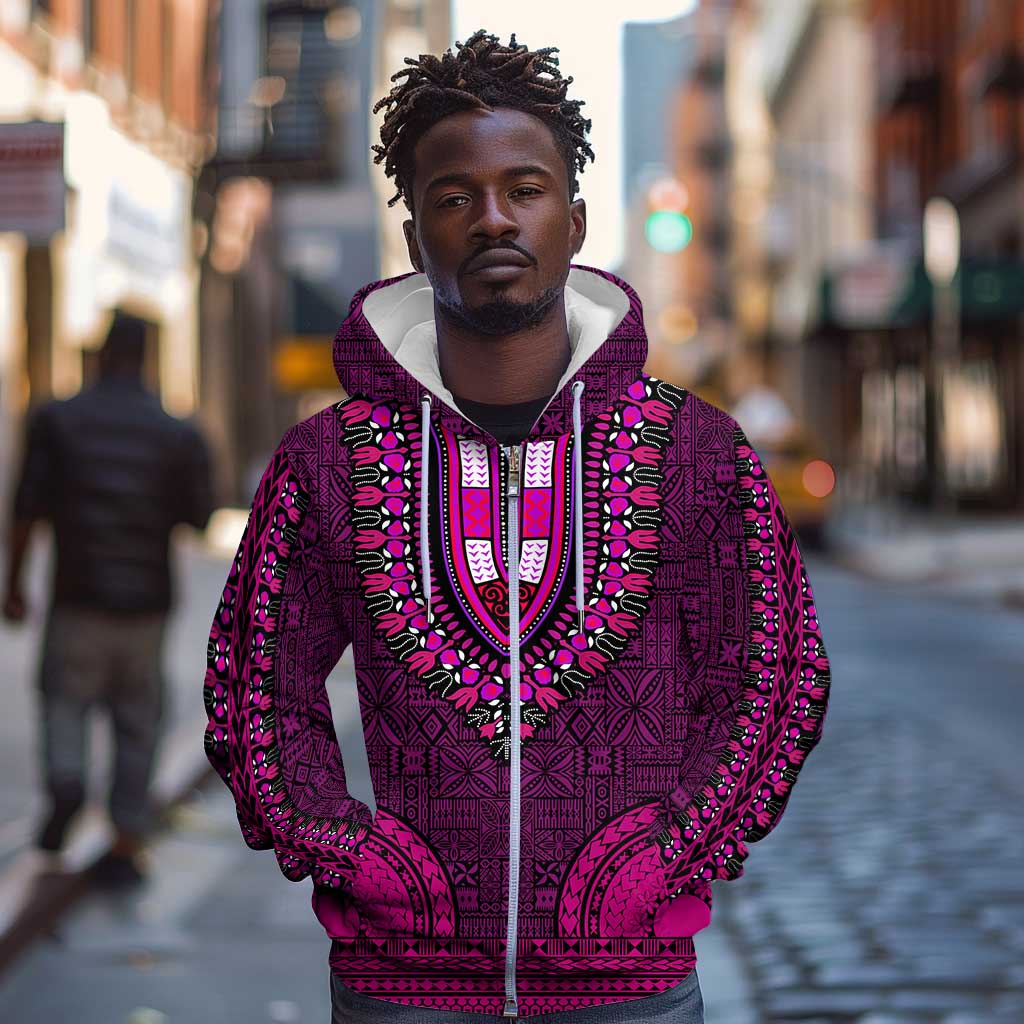 Pink Dashiki and Tapa Pattern Zip Hoodie Africa-Polynesia Together Culture