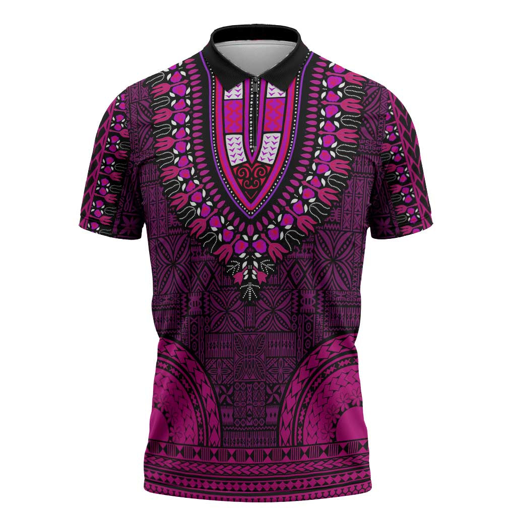 Pink Dashiki and Tapa Pattern Zipper Polo Shirt Africa-Polynesia Together Culture