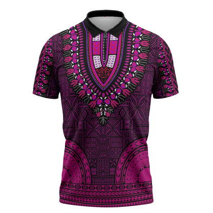 Pink Dashiki and Tapa Pattern Zipper Polo Shirt Africa-Polynesia Together Culture