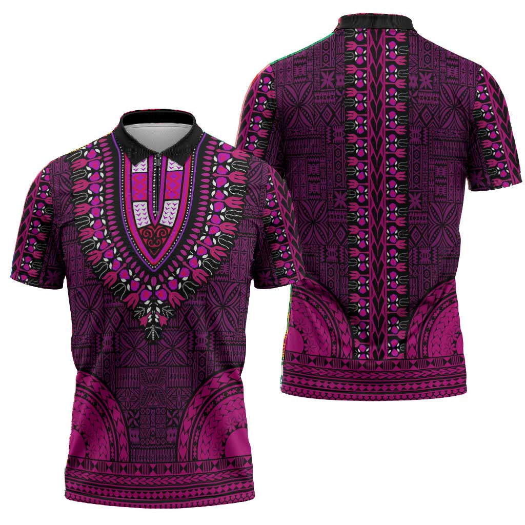 Pink Dashiki and Tapa Pattern Zipper Polo Shirt Africa-Polynesia Together Culture