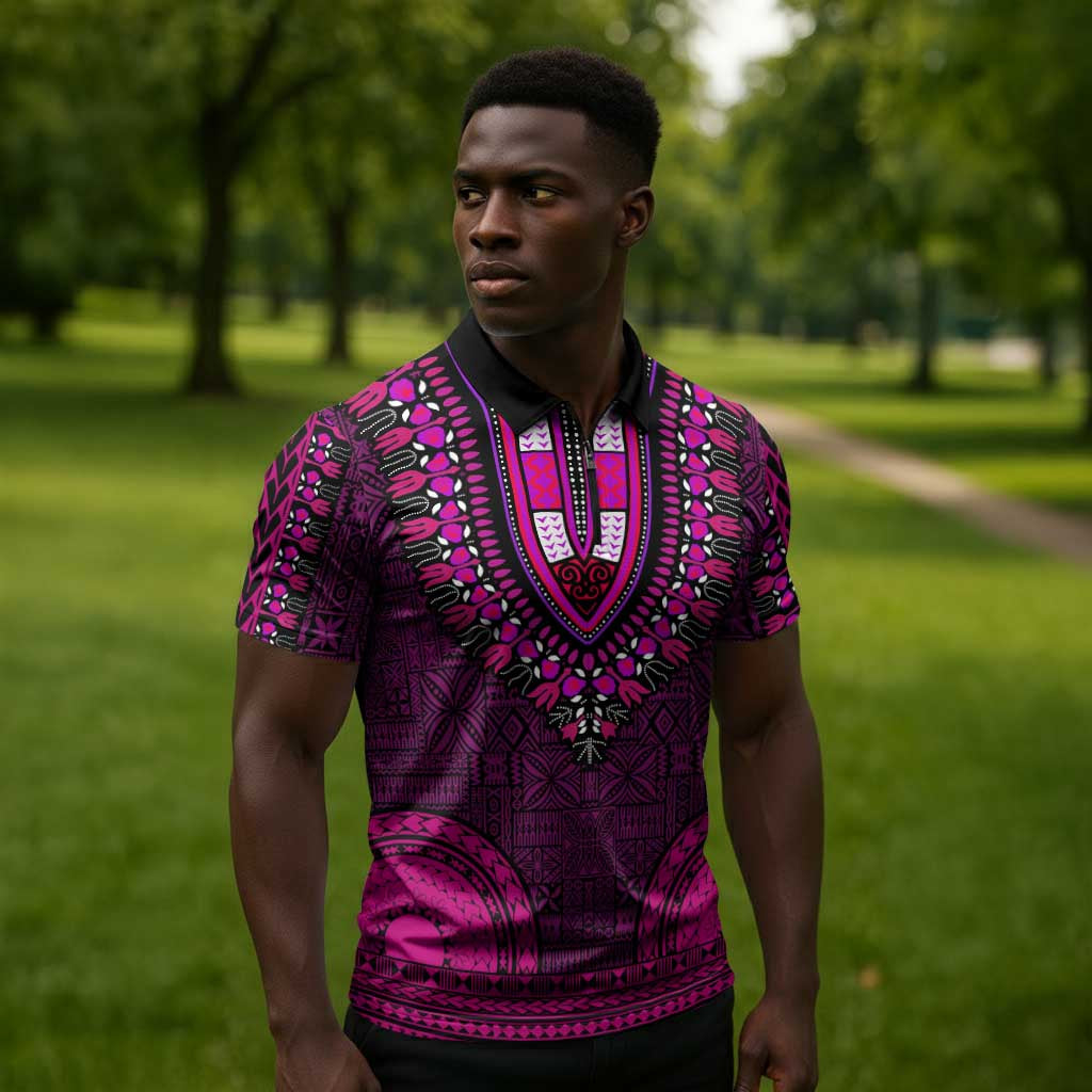 Pink Dashiki and Tapa Pattern Zipper Polo Shirt Africa-Polynesia Together Culture