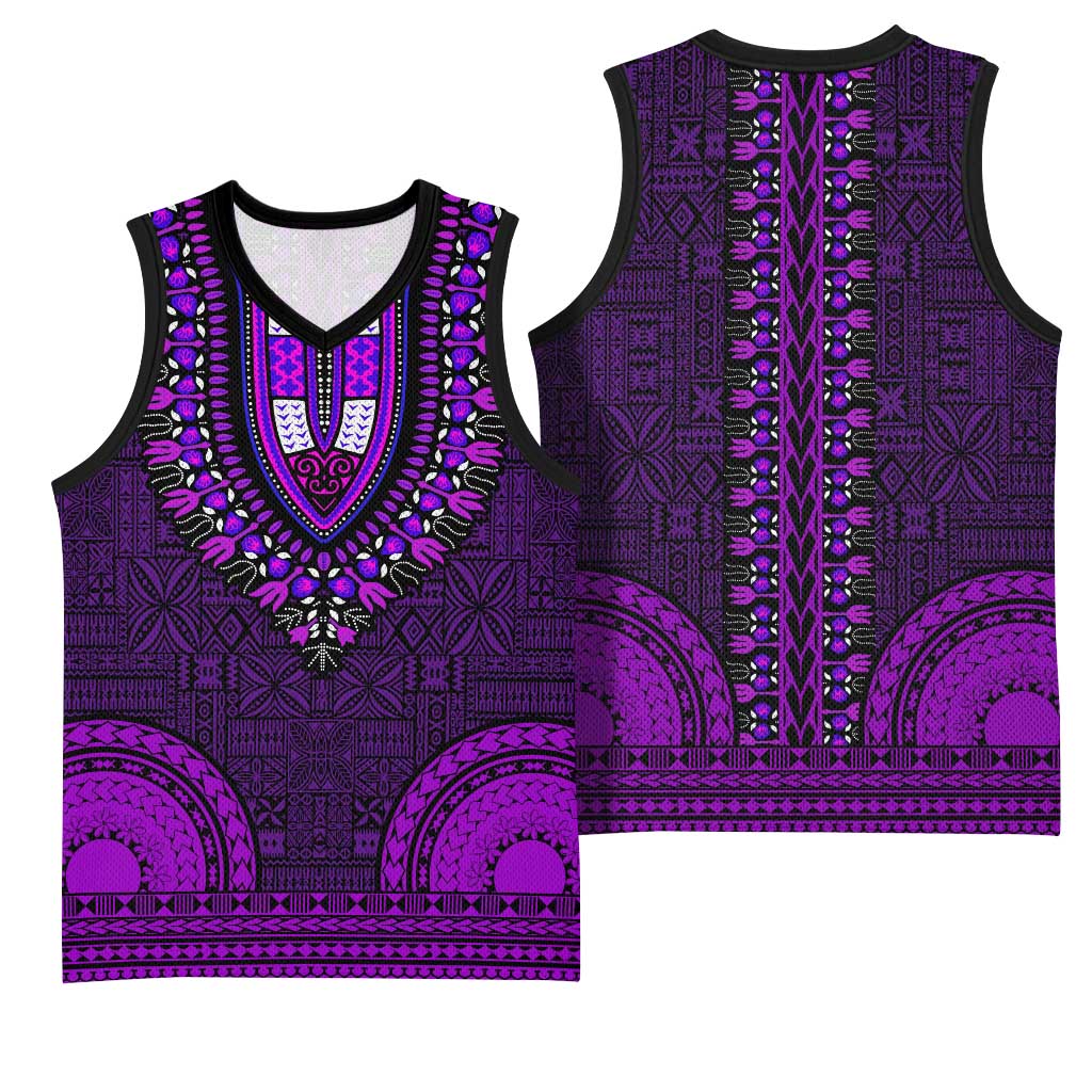 Purple Dashiki and Tapa Pattern Basketball Jersey Africa-Polynesia Together Culture - African Pride
