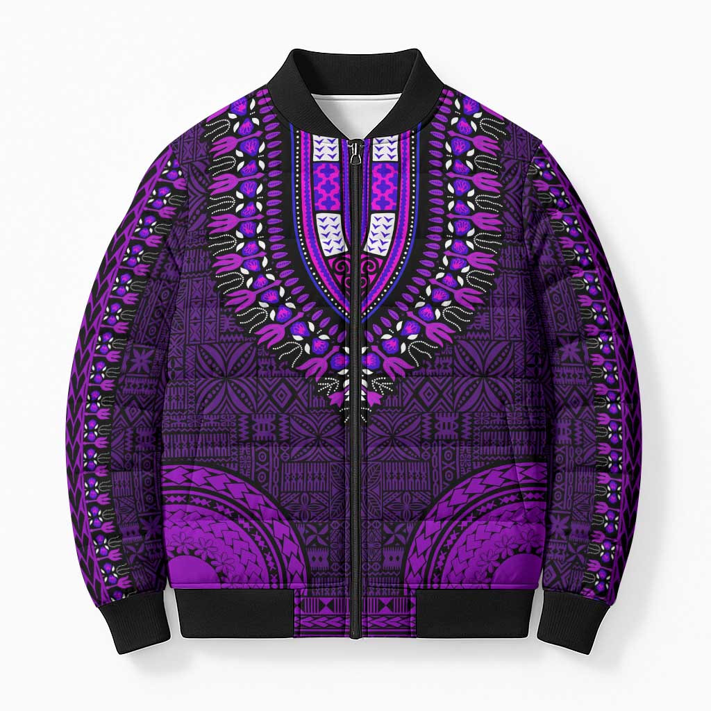 Purple Dashiki and Tapa Pattern Bomber Puffer Jacket Africa-Polynesia Together Culture
