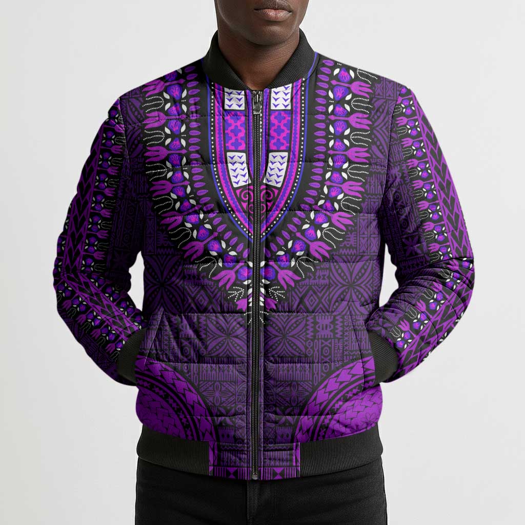 Purple Dashiki and Tapa Pattern Bomber Puffer Jacket Africa-Polynesia Together Culture