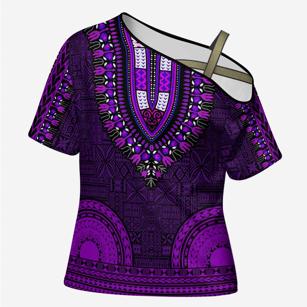 Purple Dashiki and Tapa Pattern Cross Shoulder Shirt Africa-Polynesia Together Culture