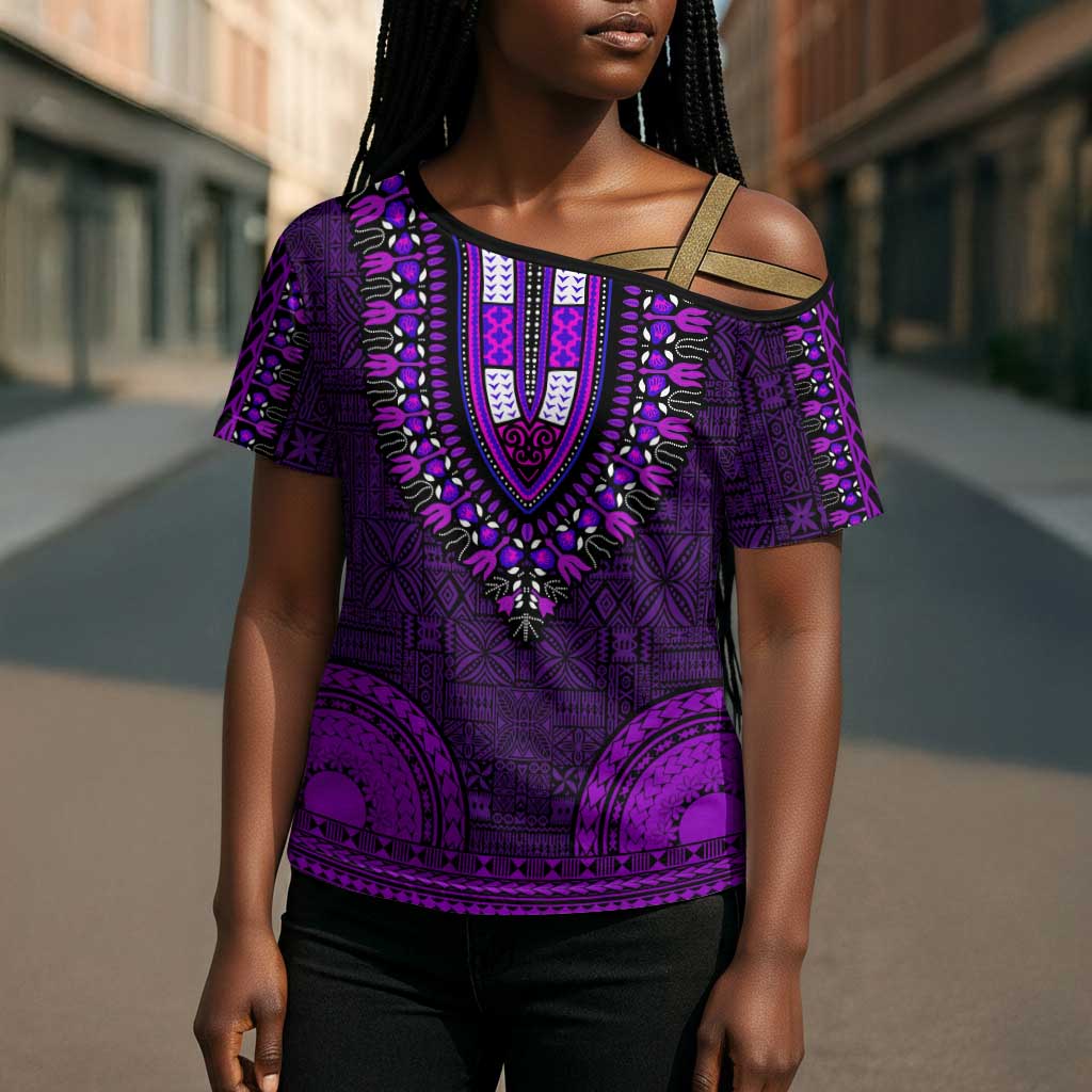 Purple Dashiki and Tapa Pattern Cross Shoulder Shirt Africa-Polynesia Together Culture