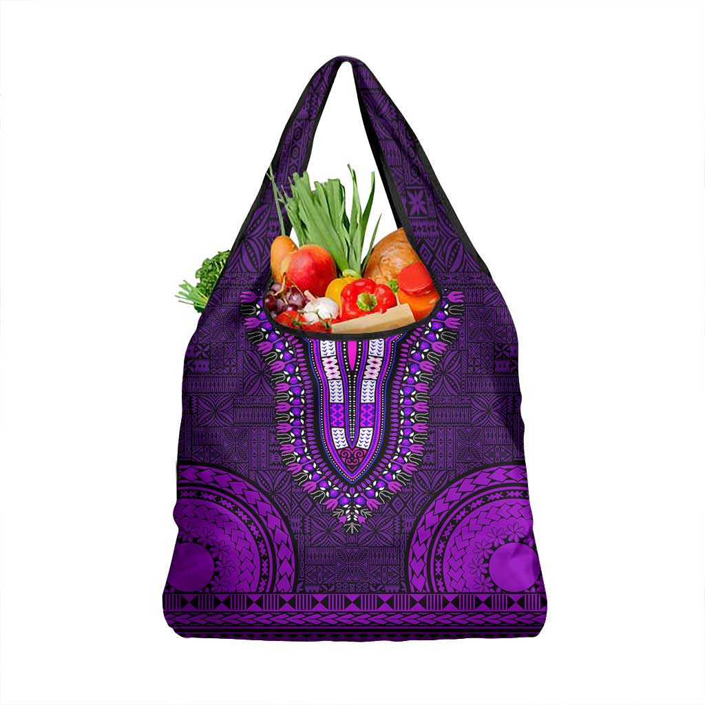 Purple Dashiki and Tapa Pattern Grocery Bag Africa-Polynesia Together Culture