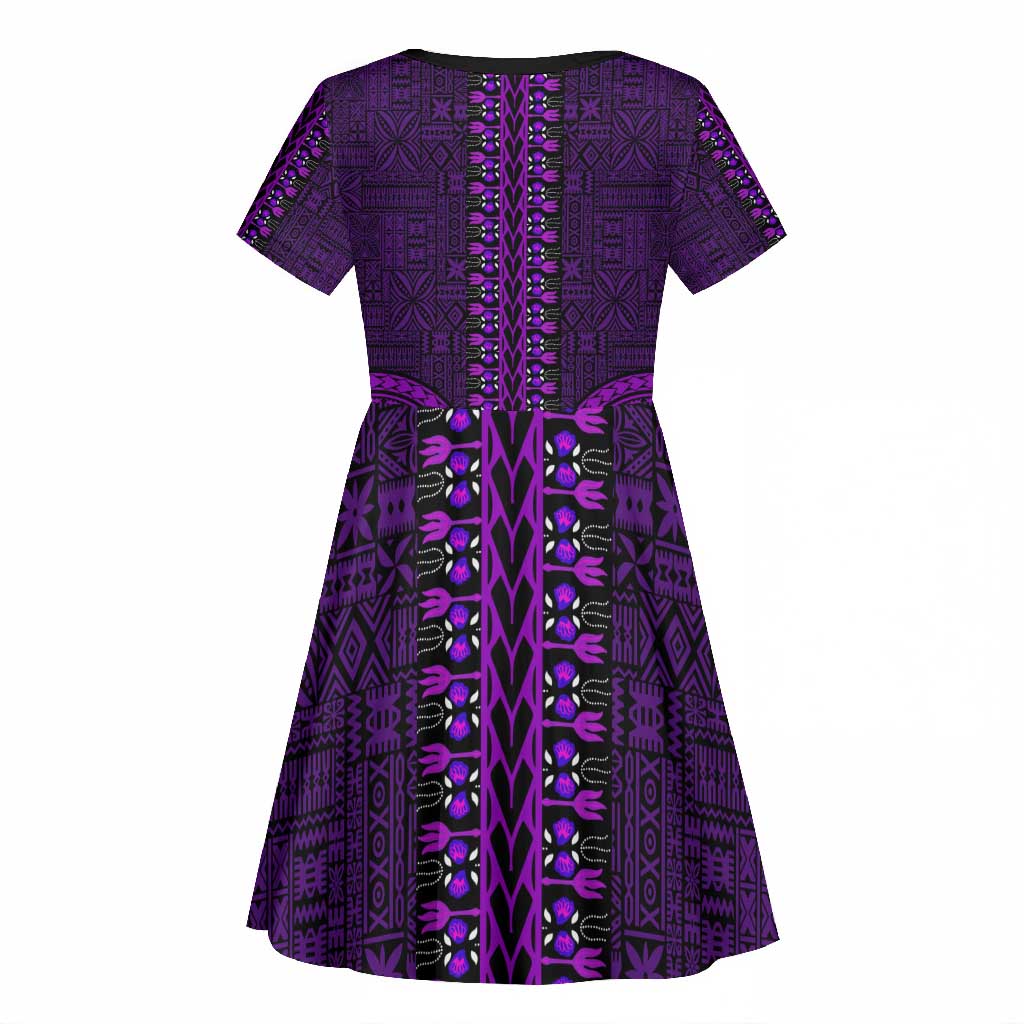 Purple Dashiki and Tapa Pattern Kid Short Sleeve Dress Africa-Polynesia Together Culture