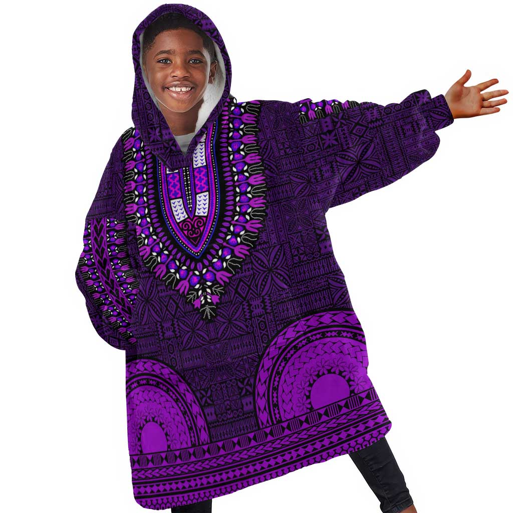 Purple Dashiki and Tapa Pattern Kid Wearable Blanket Hoodie Africa-Polynesia Together Culture